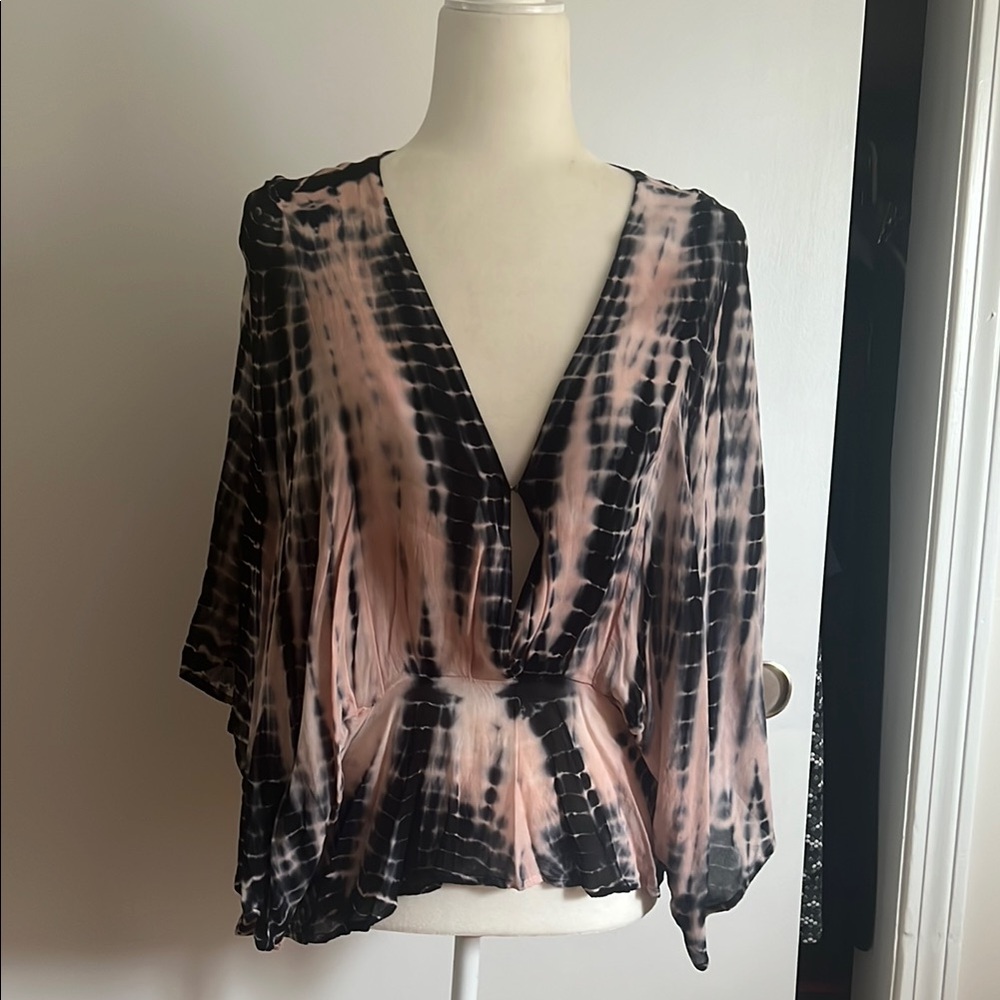 Young Fabulous & Broke Black / Navy and Pink Wrap Blouse with Dolman Sleeves